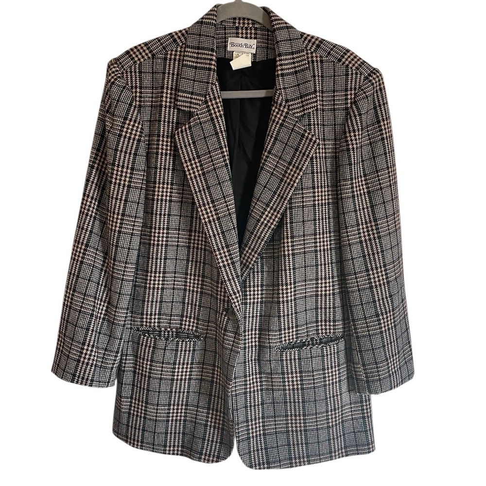 Booth Bay One Button Wool Blend Oversized Plaid Vintage Jacket, Size 12